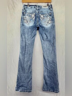 Miss Me Blue Jeans Womens 26 Signature Boot Fluer-de-lis Back Pockets W/ Sequin